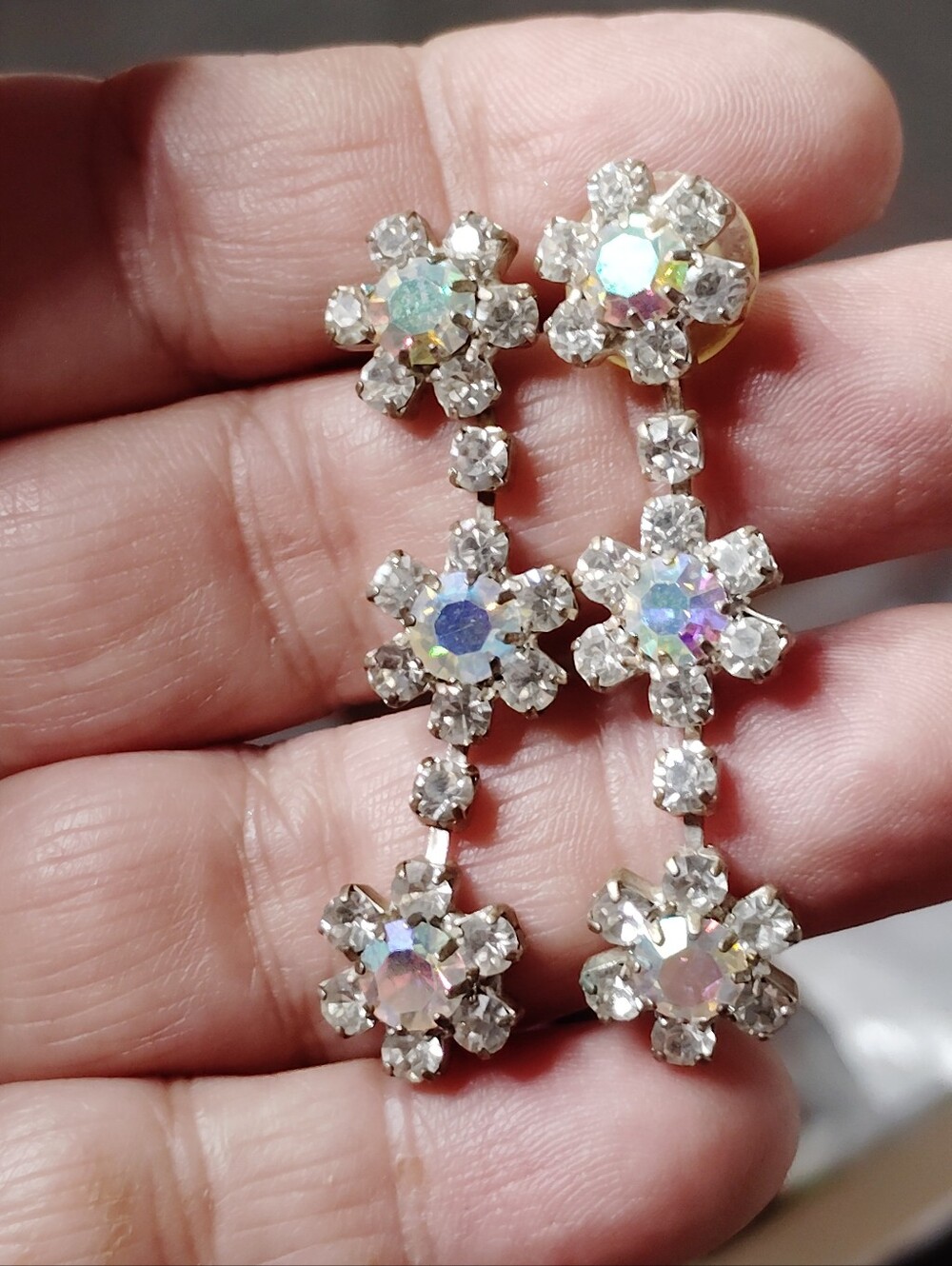 Vintage Aurora Crystal Floral Drop Earrings - Gold Tone